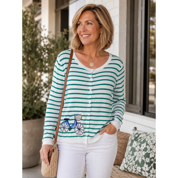 Talbots Sweaters - Talbots‎ Green White Striped Cotton Knit Cardigan XL Bicycle Embroidered Preppy